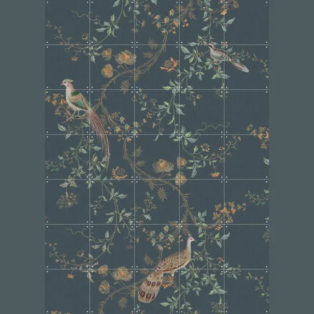 IXXI Dark Chinoiseries Birds, Bloomery Decor - 100 x 140 cm - Grote wanddecoratie en posters - Ornamenteel Ontwerp, Klassiek, Vintage, Naturalisme Donkere tinten / Groen