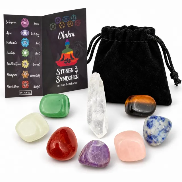 Winkrs Edelstenen met Bergkristal in fluwelen Zakje - Inclusief uitleg van stenen - Gepolijste 7 Chakra Stenen/Mineralen 7 Stenen en Bergkristal