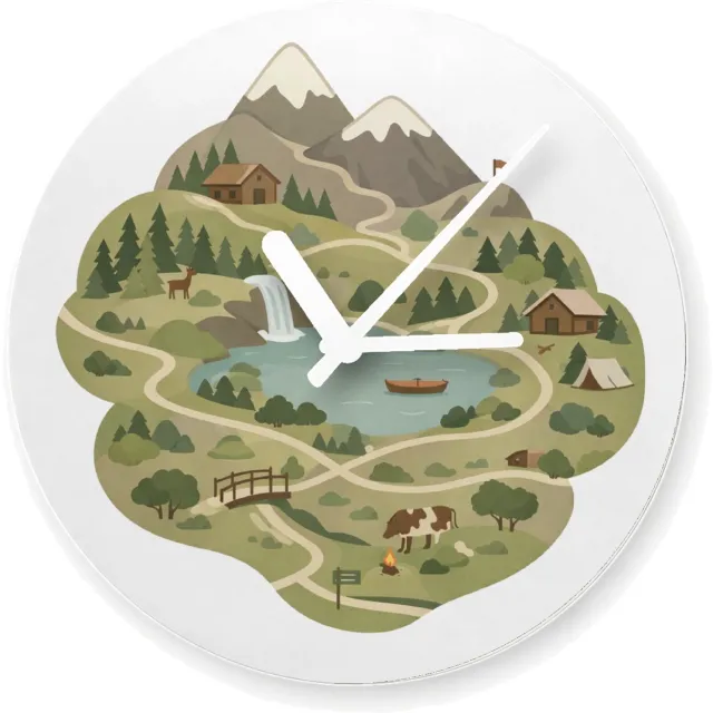 Mr Cadeautjes Glazen klok Ø 20 - design Een gestileerde bergregio met wandelroutes, hutten en kleine | cadeau Wit