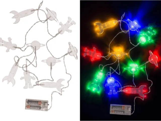 Out of the Blue Lichtsnoer - space/ruimte thema - 10 leds gekleurd - batterij - 165 cm