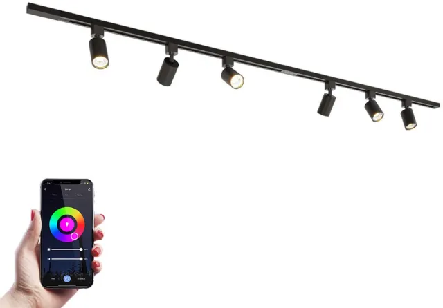 HOFTRONIC railverlichting pakket recht – 2x 1 meter rails – 6 dimbare RGBWW GU10 railspots – aluminium zwart – IP20 – modulair – 230V – smart track lights woonkamer keuken