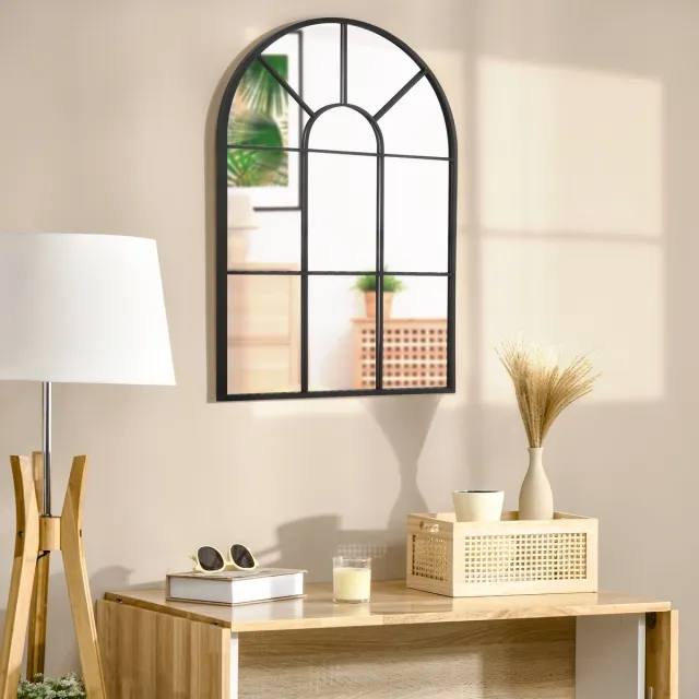 MODENUIT Wandspiegel – 91 x 60 cm – Metalen Frame – Zwart – Boogvormig Vensterontwerp – Wandmontage met Haken