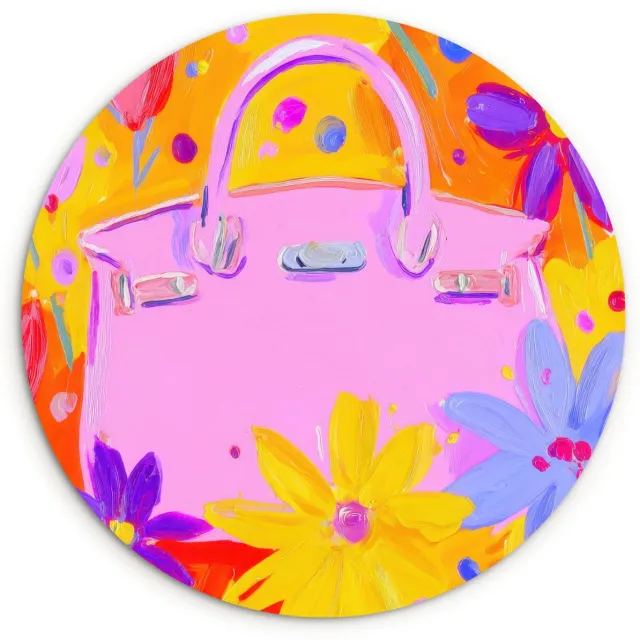 WallCircle Wandcirkel 90x90 cm - Muurcirkel Tas - Roze - Bloemen - Muurdecoratie woonkamer - Wanddecoratie slaapkamer - Kamer decoratie accessoires - Ronde schilderijen