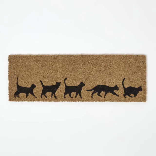 Homescapes Antislip Kokosnoot Deurmat met Kattenmotief, 25 x 75 cm Zwart-Natuur