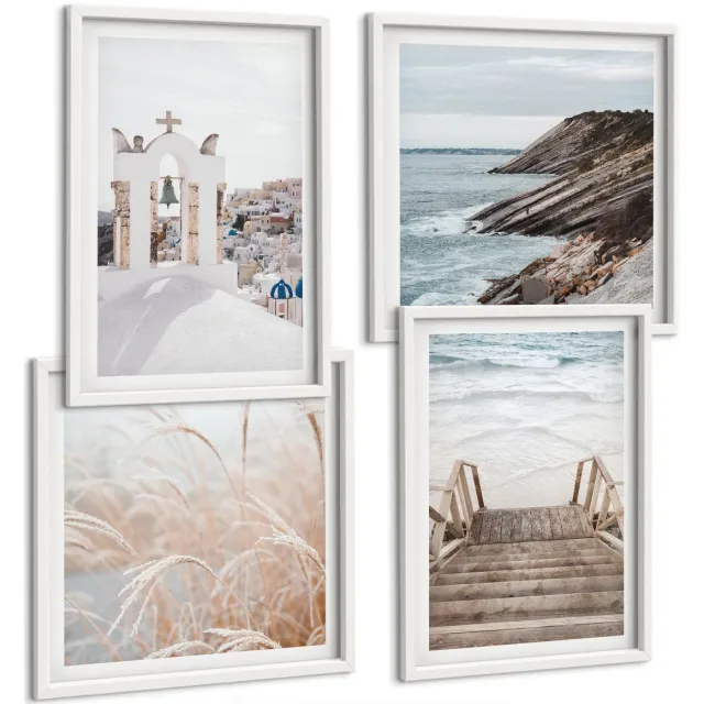 Coloray 4-Delige Schilderij Set - Uitzicht Op De Zee En De Architectuur Van Santorini Tegen De Hemel. - 40 x 40 En 40 x 60 - Wanddecoratie - Moderne Interieurdecoratie - Moderne Wanddecoratie Witte lijst