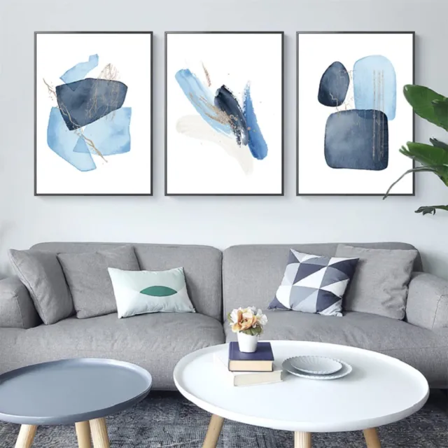 Ibenzoa Set van 3 Abstracte Posters, Blauwe Geometrische Vormen, Canvas Muurkunst 30x40cm