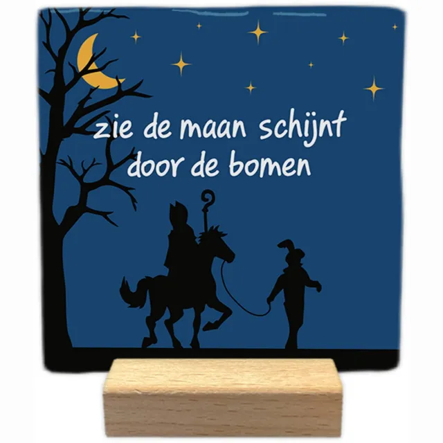 Artige Sinterklaas decoratie tegel met tekst - Zie de maan schijnt - keramisch - 10x10 cm - inclusief houder blauw