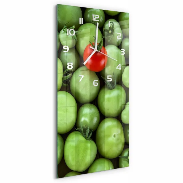 TULUP Wandklok - Rijpe tomaat Gekleurde Glazen Klok - 30x60 cm - Rood Glazen Klok Met Print - Witte handen - Rechthoekige Klok - Moderne Wandklok Glas - Wandklok Glas Decoratie