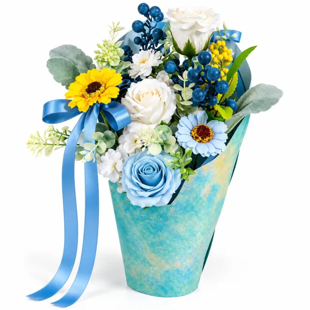 La Roselle Amsterdam Kunstbloemen Boeket met Blauwe en Witte Rozen en Gele Zonnebloemen – Kleurrijk Bloemencadeau voor Verjaardag, Moederdag, Valentijn, Kerst en Jubileum | La Roselle Amsterdam