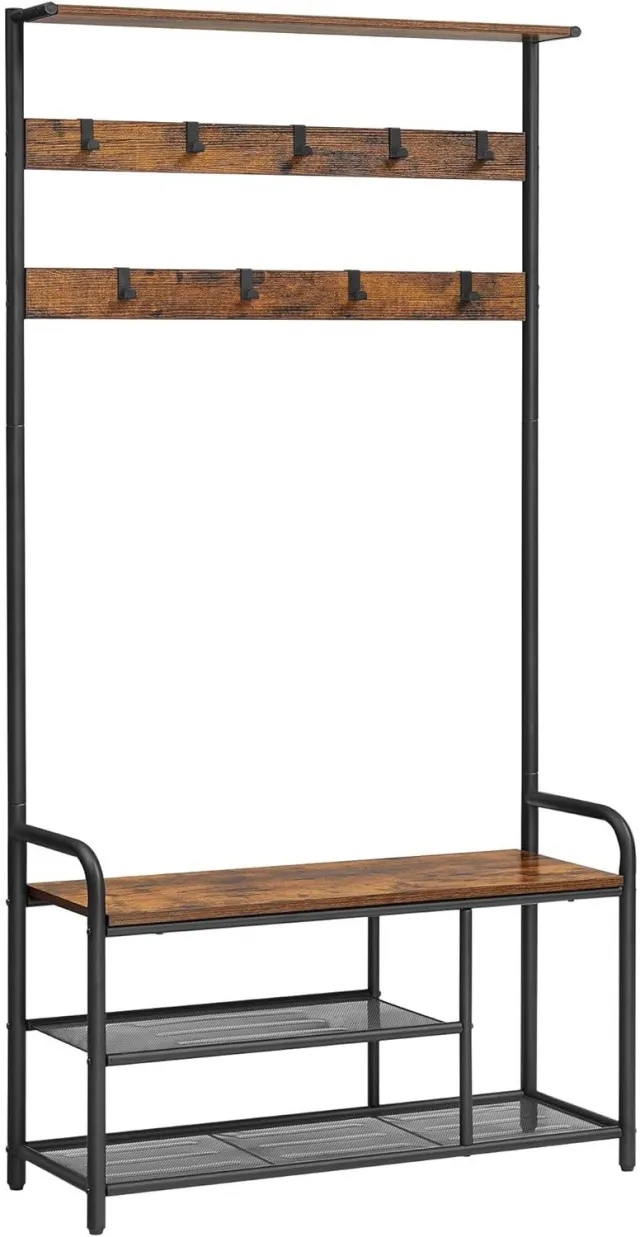 LEOBERT Garderoberek met zitbank HSR409B01 – Rustiekbruin/zwart – 9 haken – 85 x 30 x 180,5 cm Rustiek bruin