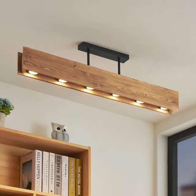 Lindby plafondlamp hout - 6lichts - Dennenhout, ijzer - H: 25 cm - GU10 - donker hout, zwart