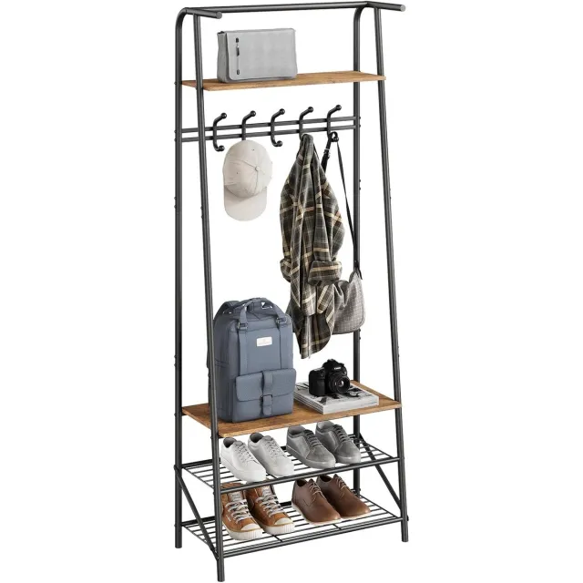 HOERFURIY Kapstok 4‑in‑1 met schoenenbank en bovenplank – 10 afneembare C‑haken – 64 x 29 x 180 cm – Vintage bruin/zwart