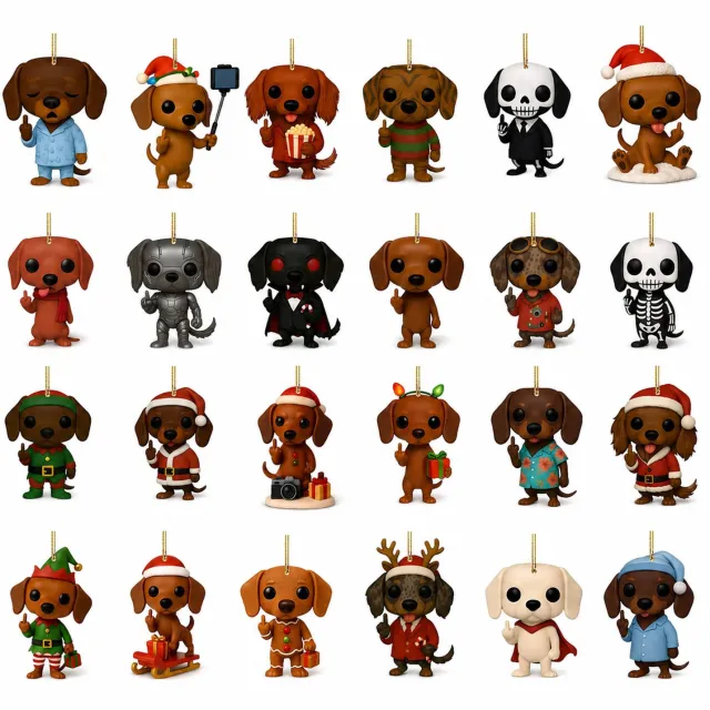 SWGOTA Teckel-adventskalender met 24 genummerde vakjes en kersthangdecoraties - doos 26 x 18 x 3 cm Bruin