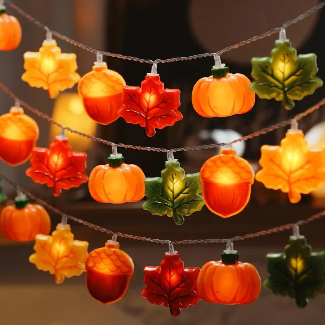 Huttutu Slingerlichten - Halloween Pompoen en Esdoornblad Themaketting - LED Decoratie met Batterij - 2 Standen (Constant en Knipperend) - Geschikt voor Feest en Herfstdecoratie - 3 Meter - 20 Lampjes