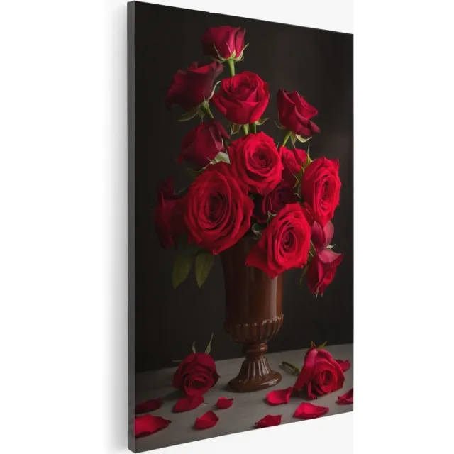 Saammp Canvas Schilderij - Rode Rozen in Klassieke vaas - bloemen - Natuur - 30x45 - Foto op canvas - Wanddecoratie - Muurdecoratie Woonkamer - Kantoor Decoratie Multicolor