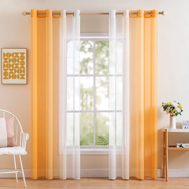 Miulee Set van 2 voile-gordijnen, tweekleurige gordijnen met inslagringen, transparant gordijn, gordijn met ogen, lichtdoorlatend, voor slaapkamer, 140 x 145 cm, oranje