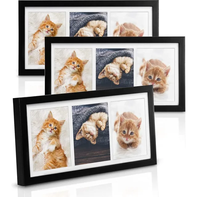 bomoe Galeria fotolijst set van 3 - houten fotolijsten met passepartout houten frame en plastic glas & metalen ophanging lijst voor foto's 3 x 3 foto's - zwart