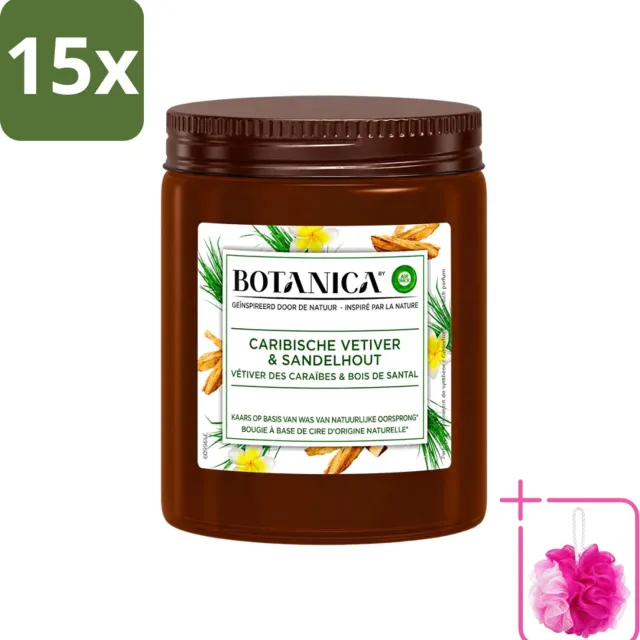Air Wick 15 x Botanica by Air Wick - Geurkaars - Vetiver & Sandelhout - 40 Uur Brandduur - Bulkverpakking - Geurkaars vetiver sandelhout - Douchemop - Vetiver geur Bruin
