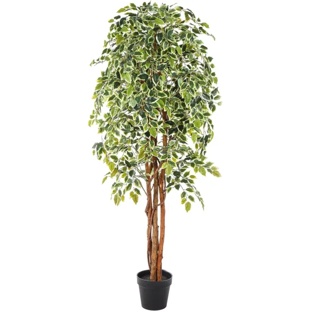 Kunstpalm Kunst Ficus Bont | Kunstboom | 175cm | Deluxe | Kunstboom met houten stam - bontgekleurde kunstplant Donkergroen