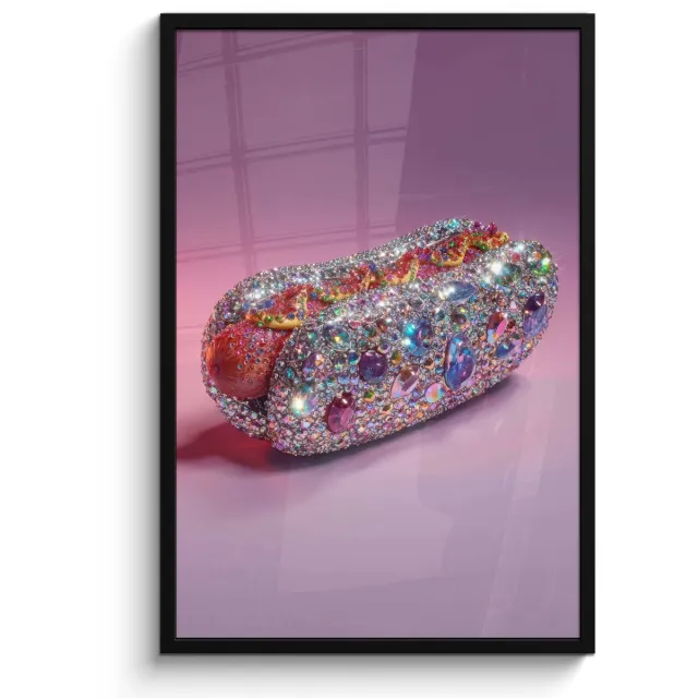 FrameYourWall Poster in lijst - Fotolijst 60x90 cm - Posters - Hotdog - Steentjes - Glitters - Paars - Posterlijst zwart - Decoratie - Wanddecoratie woonkamer - Muurdecoratie slaapkamer