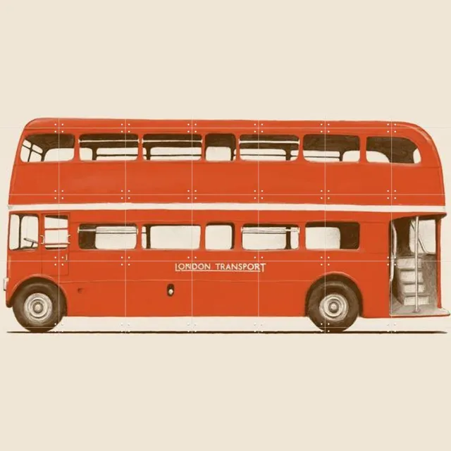 IXXI Red English Bus, Florent Bodart - 140 x 100 cm - Grote wanddecoratie en posters - Illustraties, Pop art, Grafisch Ontwerp, Kleurrijk, Vintage Warme kleuren / Rood