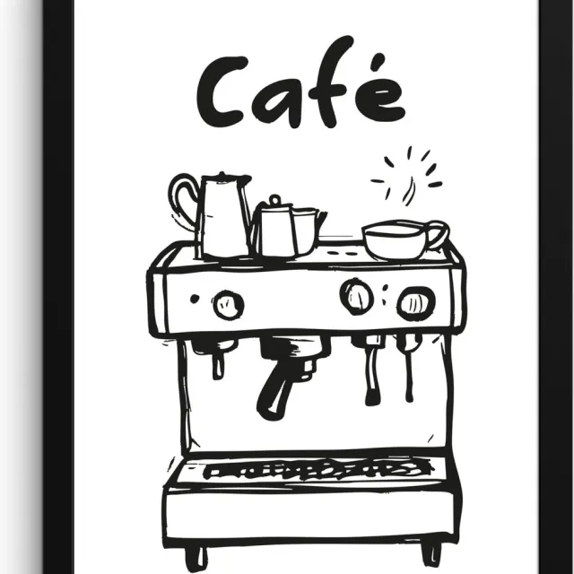 FrameYourWall Fotolijst inclusief poster - Posterlijst 30x40 cm - Posters - Illustratie - Café - Koffiemachine - Kopjes - Foto in lijst - Keuken decoratie muur - Wanddecoratie accessoires - Muurdecoratie - Schilderijen