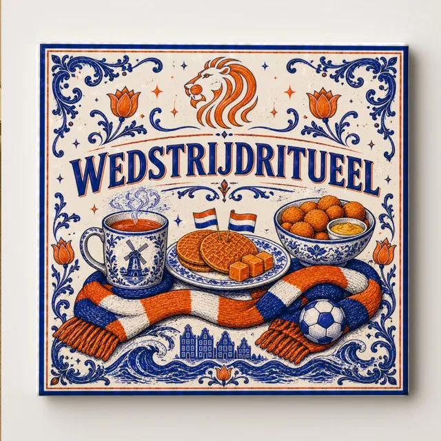 Bedruk King Nederlandse Wedstrijdritueel Voetbaltegel – Delfts Blauwe Stijl met Voetbal, Mok, Hollandse Snacks en Oranje Leeuw – Decoratieve Keramische Supporter Cadeautegel Wit
