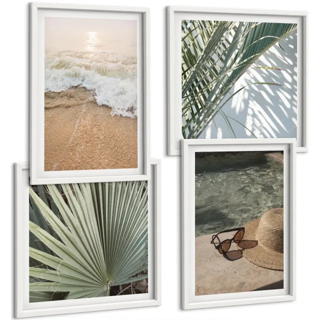 Coloray 4-Delige Schilderij Set - Water Strandhoed En Zonnebril Bladeren - 40 x 40 En 40 x 60 - Wanddecoratie - Muurdecoratie - Woonkamer - Woonkamer Decoratie Witte lijst