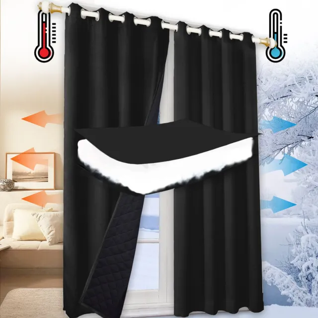 Qelus 100% Opaque Warmte-Koud Isolerend Gordijn met Ringen - Blokkeert Geluid - 1 stuk Verduisteringsgordijnen voor Woonkamer & Slaapkamer - 132x244cm - Voor Winter & Zomer - Gratis Bindband - Zwart