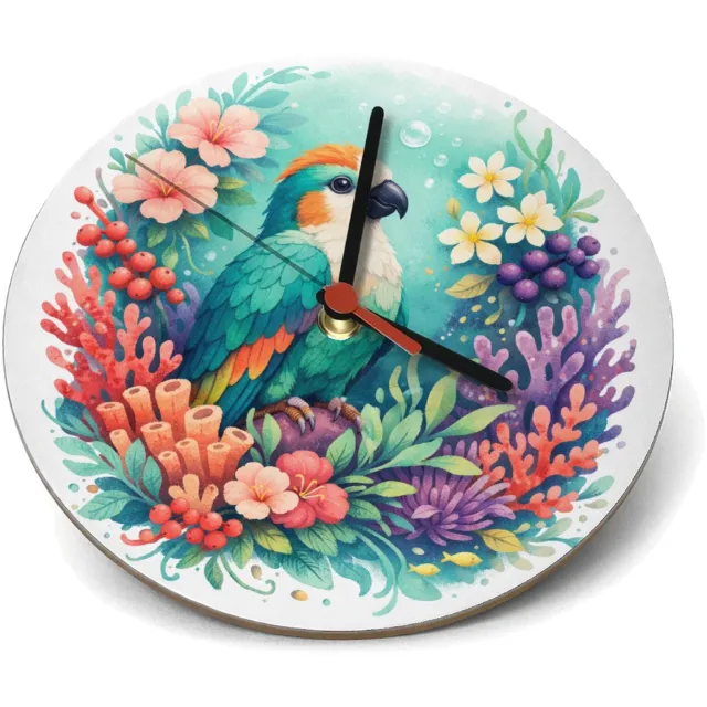 Mr Cadeautjes Klok rond Ø 19 - design Een tropische vogel in een weelderige bloemenzee met bladere | cadeau Wit