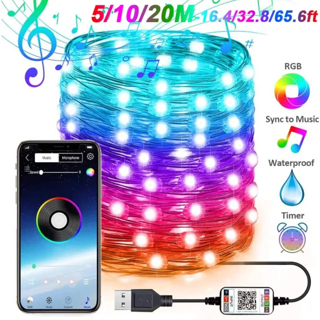 MUPOO Kerstverlichting Binnen – Smart Bluetooth APP RGB Lichtslinger 10M 100 LED – LED Fairy String Lights met Muziek Sync, Timer & Afstandsbediening – USB Koper Draadverlichting, Waterdicht voor Kamerdecoratie & Feestverlichting