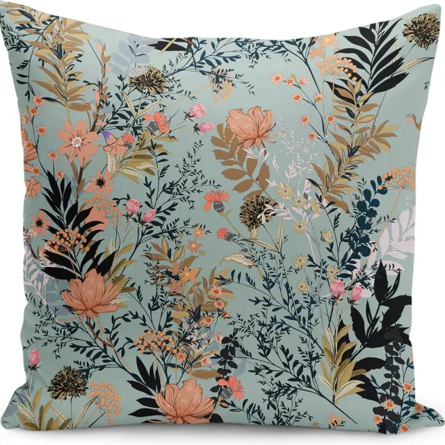 De Groen Home BLOEM Sierkussen velvet 50x50 - Bloemen op lichtblauw - Inclusief binnenkussen - Fluweel kussensloop - Aan beide zijdig bedrukt