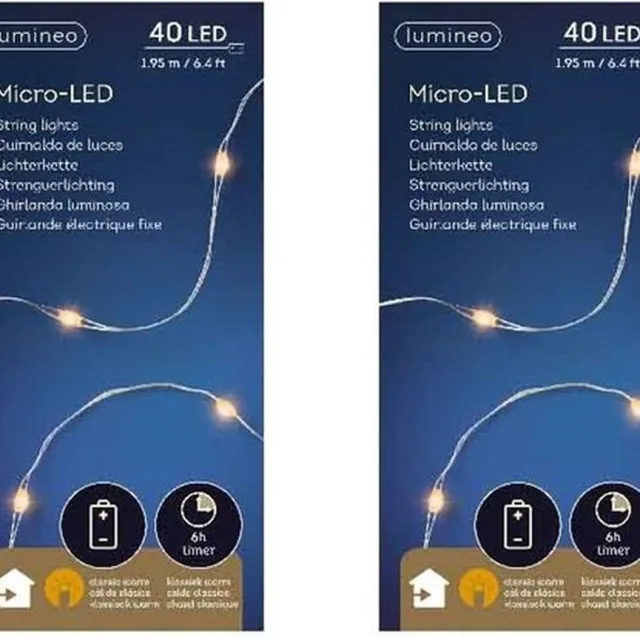 Lumineo draadverlichting lichtsnoer - 3x - zilver - 40 led lampjes - warm wit - 195 cm - timer - kerstverlichting - op batterijen - zilverdraad
