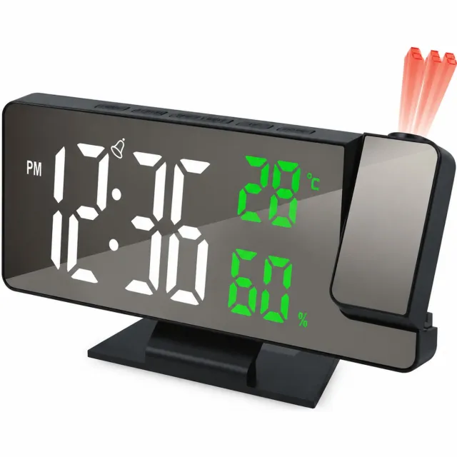 SWGOTA Digitale LED-projectieklok met groot tijddisplay, temperatuur- en luchtvochtigheidsweergave, spiegelfront en tafelvoet Zwart
