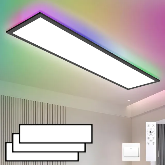 Oraymin LED Paneel Plafondlamp 120x30 cm Zwart-RGB Dimbaar-3000K-6500K-Slaapkamer Keuken-Woonkamer-3 Stuks