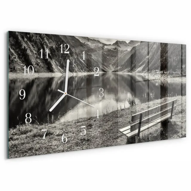 TULUP Wandklok - Vreedzame bergen Klok Glas Met Opdruk - 60x30 cm - Zwart-wit Moderne Wandklok Glas - Witte Handen - Rechthoekige Wandklok - Wandklok Glas Decoratie - Gekleurde Glazen Klok Zwart-wit - Vreedzame bergen