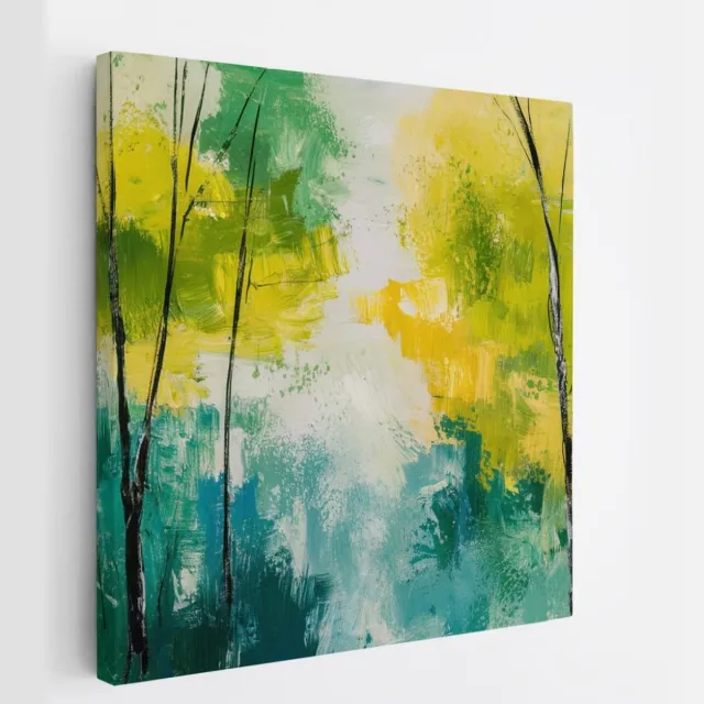Saammp Canvas Schilderij - Bomen - Geel -Blauw - Groen - Bloemen - Landschap - Natuur - 60x60 - Foto op canvas - Wanddecoratie - Muurdecoratie Woonkamer - Slaapkamer decoratie - Canvas Print Multicolor