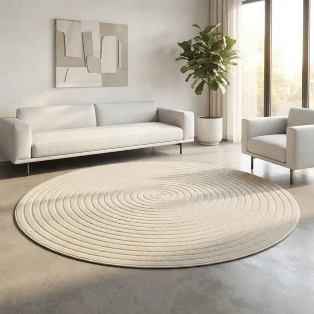 TapisTrend Designer tapijt Beige Rond buitenkleed met minimalistische concentrische cirkels voor terras, balkon, woonkamer en eetkamer