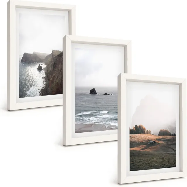 TULUP 3-Delige Schilderij Set - Berg- en zeelandschappen met wolken en bossen - 20x30 - Muurdecoratie - Wanddecoratie - Hal - Stijlvolle Muurdecoratie Witte lijst