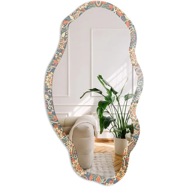 Coloray Bloemenpatroon Spiegel - Marine Rechthoekige Spiegel Met Modern Design - Organische Spiegel - Slaapkamer, Woonkamer, Hal - Illustratief - 45x90 cm - Totale afmeting 52x97 cm Bloemenpatroon, Marineblauw