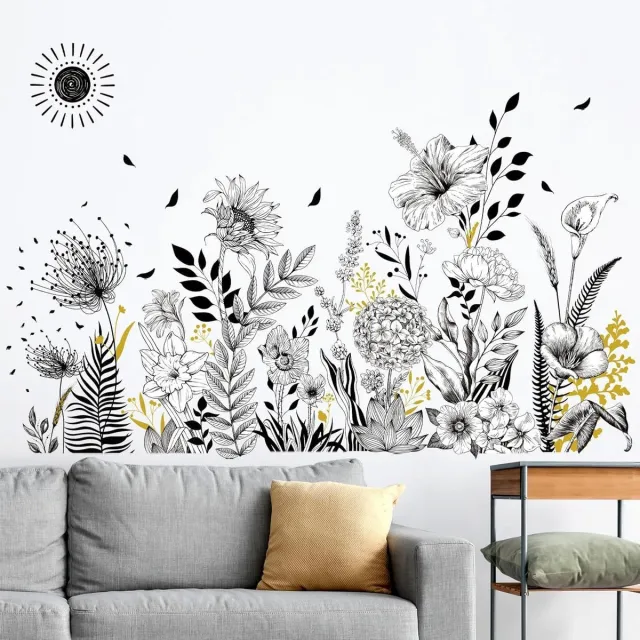 Cosensi Muursticker tuin zwart wit bloemen zonnebloem klaprozen wanddecoratie woonkamer slaapkamer sofa Any