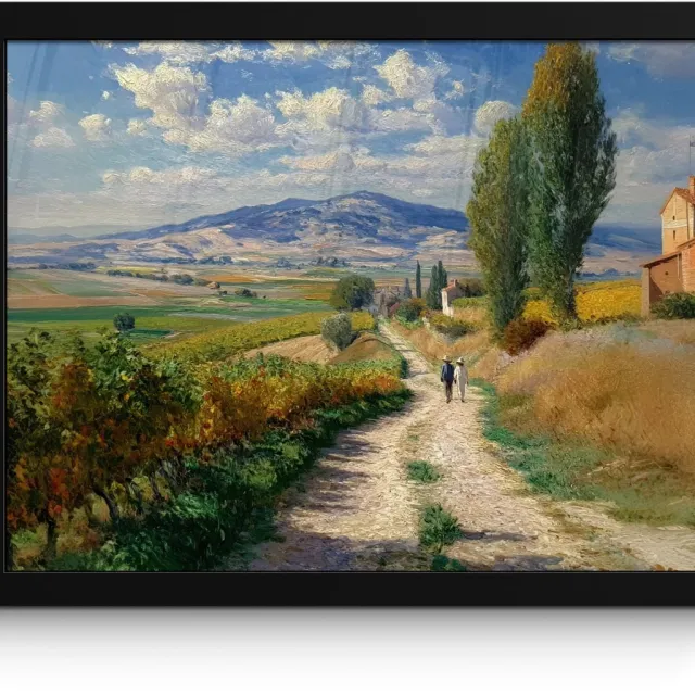 FrameYourWall Poster in lijst - Fotolijst 40x30 cm - Posters - Mensen - Wandelen - Zandpad - Velden - Posterlijst zwart - Decoratie - Wanddecoratie woonkamer - Muurdecoratie slaapkamer Zandpad - Velden - Bergen