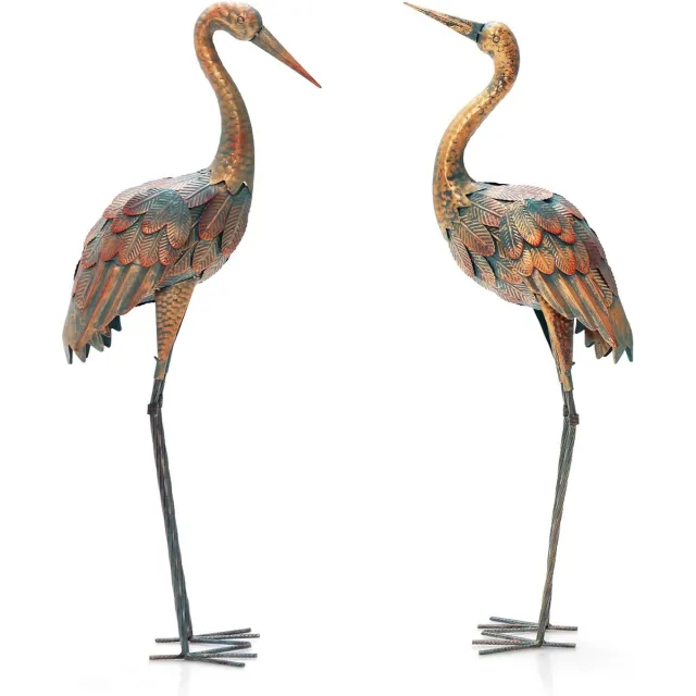 Costway Set van 2 tuinbeelden, kraanvogel, metalen decoratiefiguur voor buiten, vogelsculptuur voor gazon, terras, tuin, tuinfiguur, tuinvogel, metalen figuur, kraandecoratie Kranich