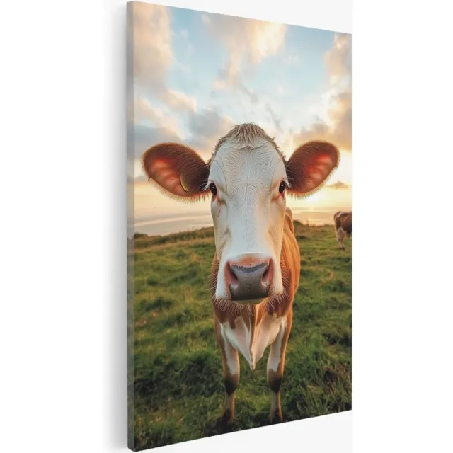 Saammp Canvas Schilderij - Koe in weiland - Natuur - Dieren - 75x100 - Foto op canvas - Wanddecoratie - Muurdecoratie Woonkamer - Slaapkamer decoratie - Canvas Print Multicolor