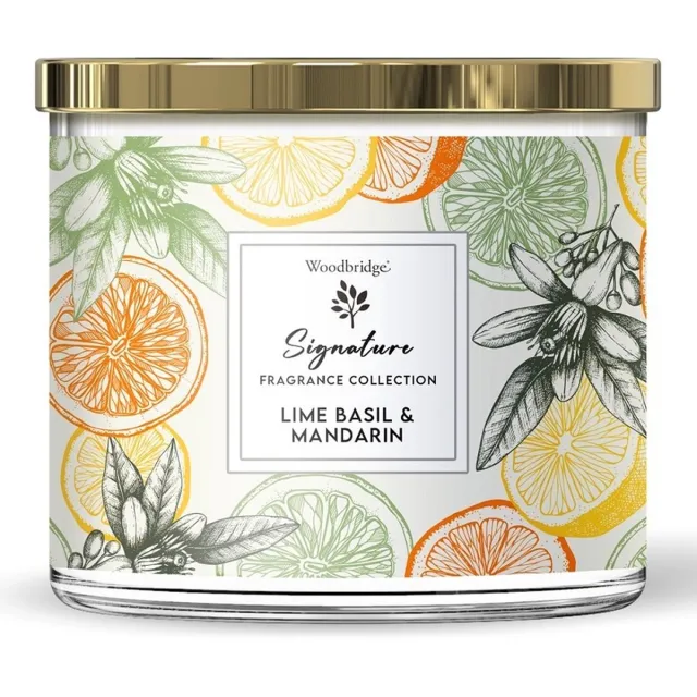 Woodbridge Luxe Geurkaars Met 3 lonten LIME BASIL MANDARIN - limoen basilicum patchouli vetiver wit/groen/oranje
