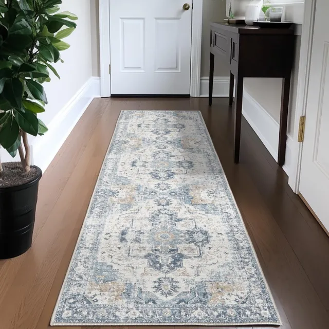 Ibenzoa Elegante Blauwe Bloemenloper voor Gang en Kantoor - Wasbaar, Vintage Look, Antislip Onderkant, 60 x 210 cm