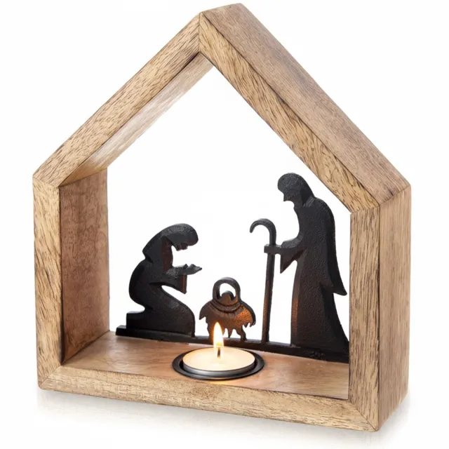 Orion Kandelaar Houten voor Waxinelichtje Kerststal MANGO 20x6x22 cm - Kaarsen - Kaarsenstandaard - Kaarsenhouder - Decoratie bruin