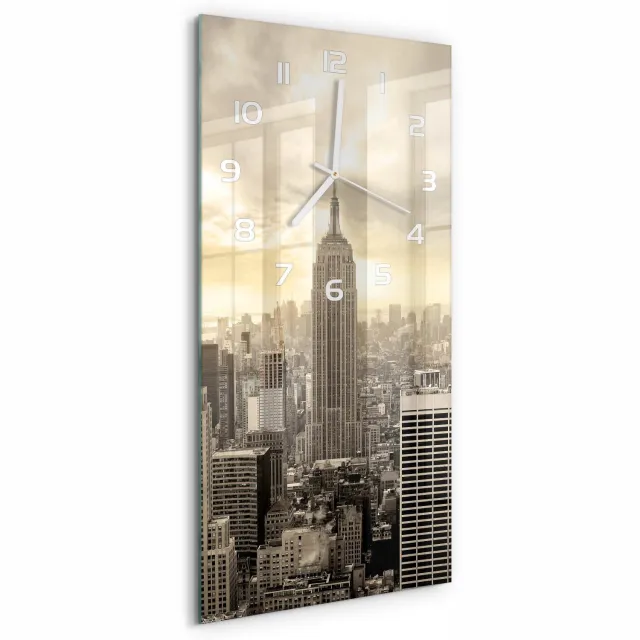 TULUP Wandklok - Manhattan, New York Wandklok Glas Met Motief - 30x60 cm - Beige Decoratieve Glazen Klok - Witte handen - Rechthoekige Klok - Gekleurde Glazen Klok - Glazen Klok Met Print