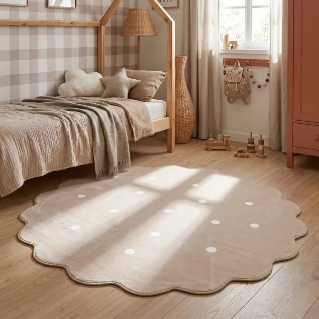Little Olly Rond wasbaar vloerkleed - Cloudy Stippen Beige - Ø 120cm