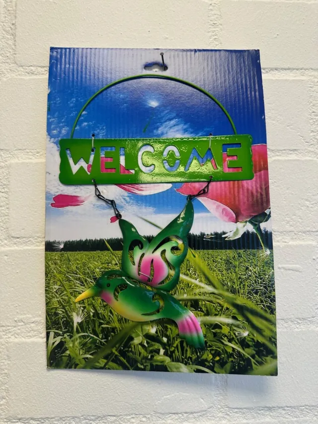 Impuls Metalen decoratie tuin hanger "welcome" kolibri - groen - hoogte 30 x 20 x1cm - Woonaccessoires - Decoratieve hangers - Tuinaccessoires Groen - kolibri